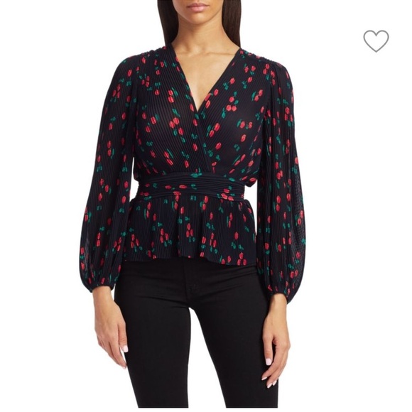 The Kooples Pleated Navy and Red Cherry Print Pleated Blouse- Size 1 (Small) - Picture 4 of 6